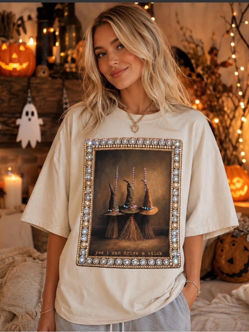 Keep It Gypsy Natural Halloween Tee - 'Yes I Can Drive a Stick' with Crystals